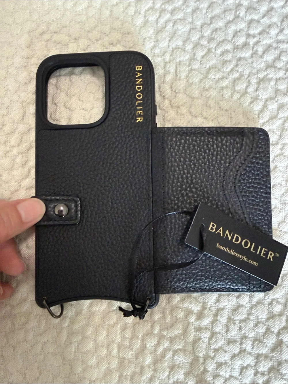 Bandolier Black Pebbled Leather Crossbody Phone Case with Strap